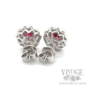Halo Natural Ruby and Diamond Stud 14k White Gold Earrings Back View