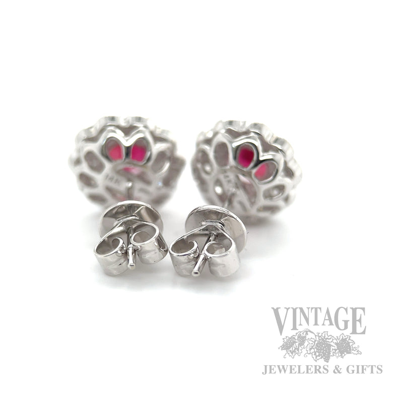 Halo Natural Ruby and Diamond Stud 14k White Gold Earrings Back View