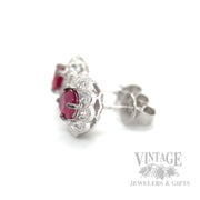 Halo Natural Ruby and Diamond Stud 14k White Gold Earrings Side View
