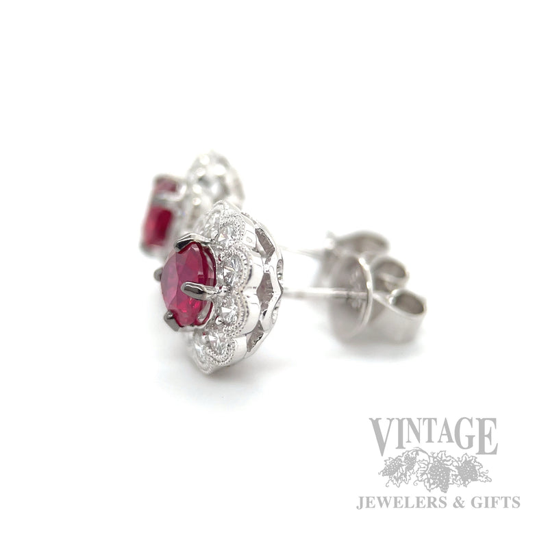 Halo Natural Ruby and Diamond Stud 14k White Gold Earrings Side View