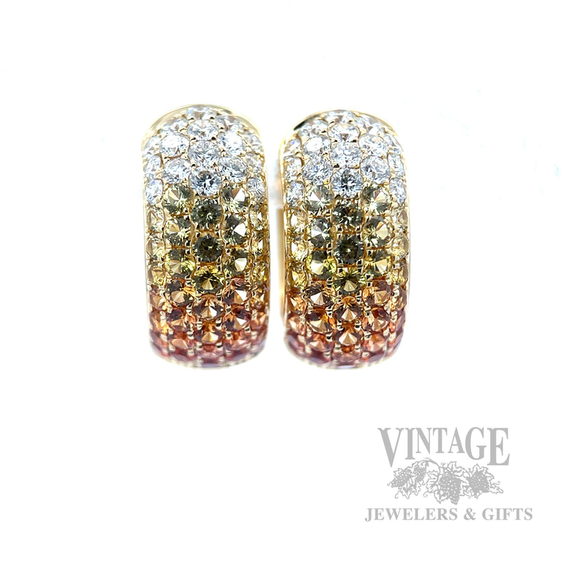 Ombre Yellow to Orange Sapphire and Diamond 18k Gold Huggie Earrings Front View