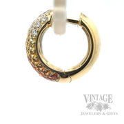 Ombre Yellow to Orange Sapphire and Diamond 18k Gold Huggie Earrings Side View