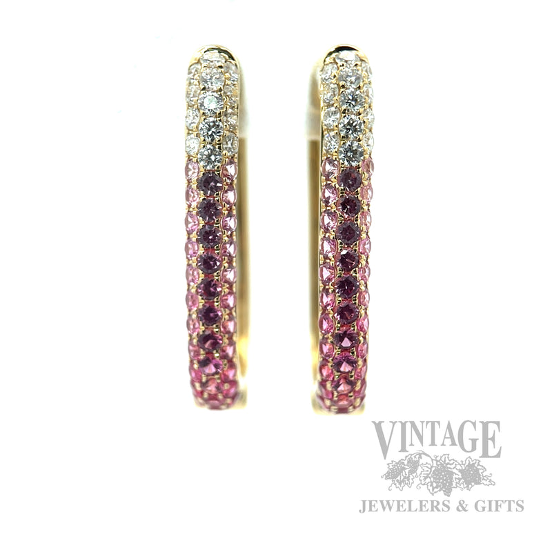 Ombre Pink Sapphire and Diamond 18k Gold Rectangular Hoops Front View