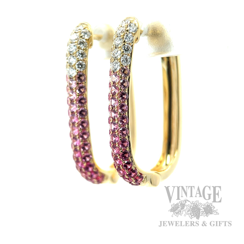 Ombre Pink Sapphire and Diamond 18k Gold Rectangular Hoops 