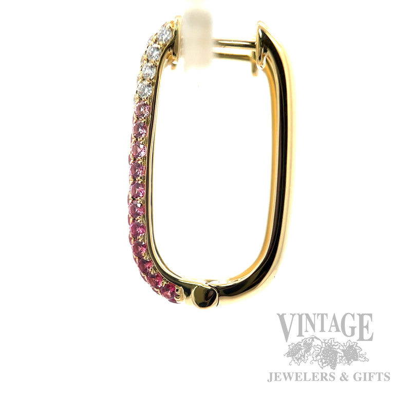 Ombre Pink Sapphire and Diamond 18k Gold Rectangular Hoops Side View