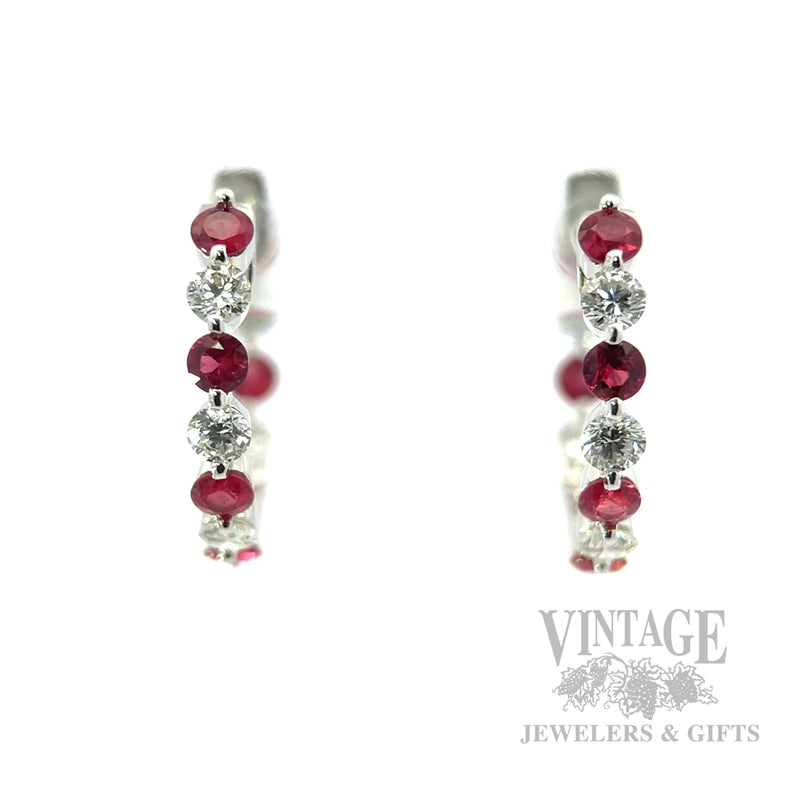 Inside Out Ruby and Diamond 14k White Gold Hoop Earrings Front View