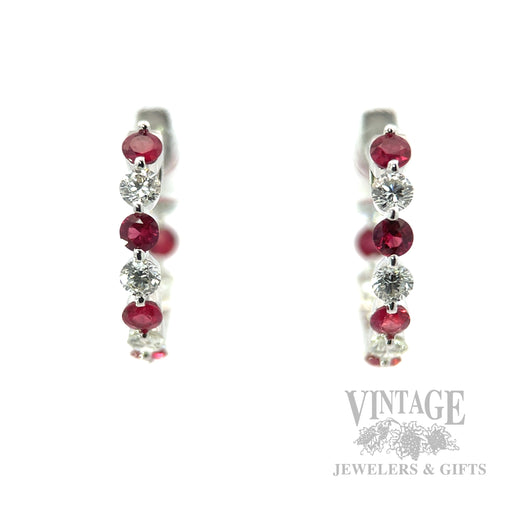 Inside Out Ruby and Diamond 14k White Gold Hoop Earrings Front View