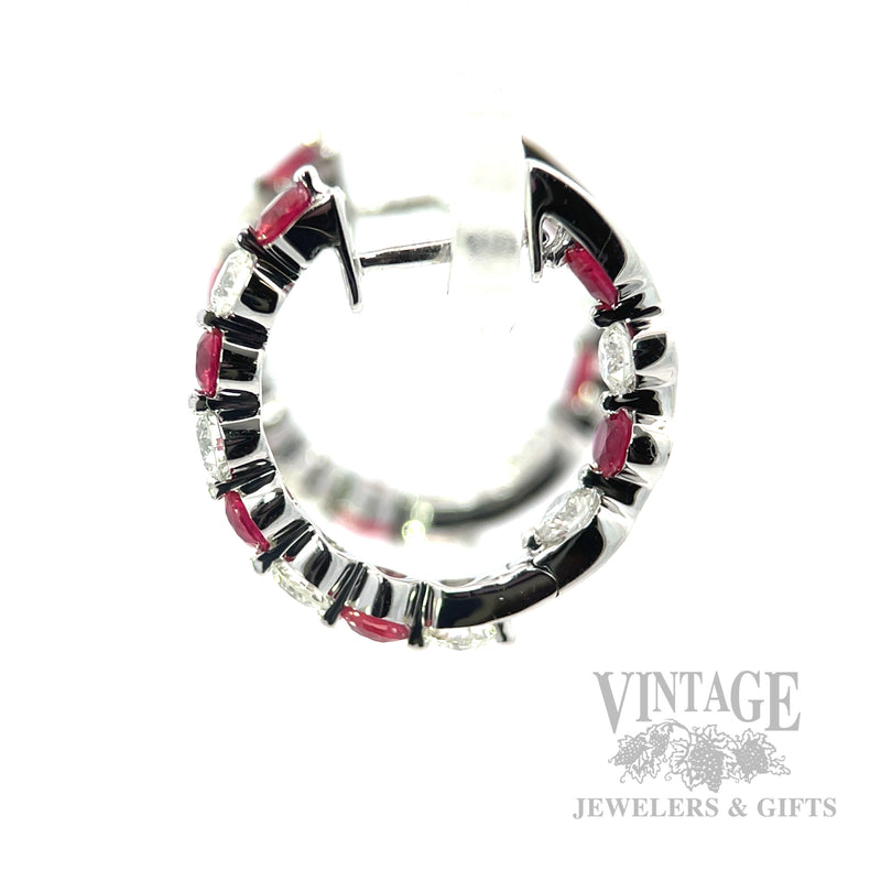 Inside Out Ruby and Diamond 14k White Gold Hoop Earrings Side View