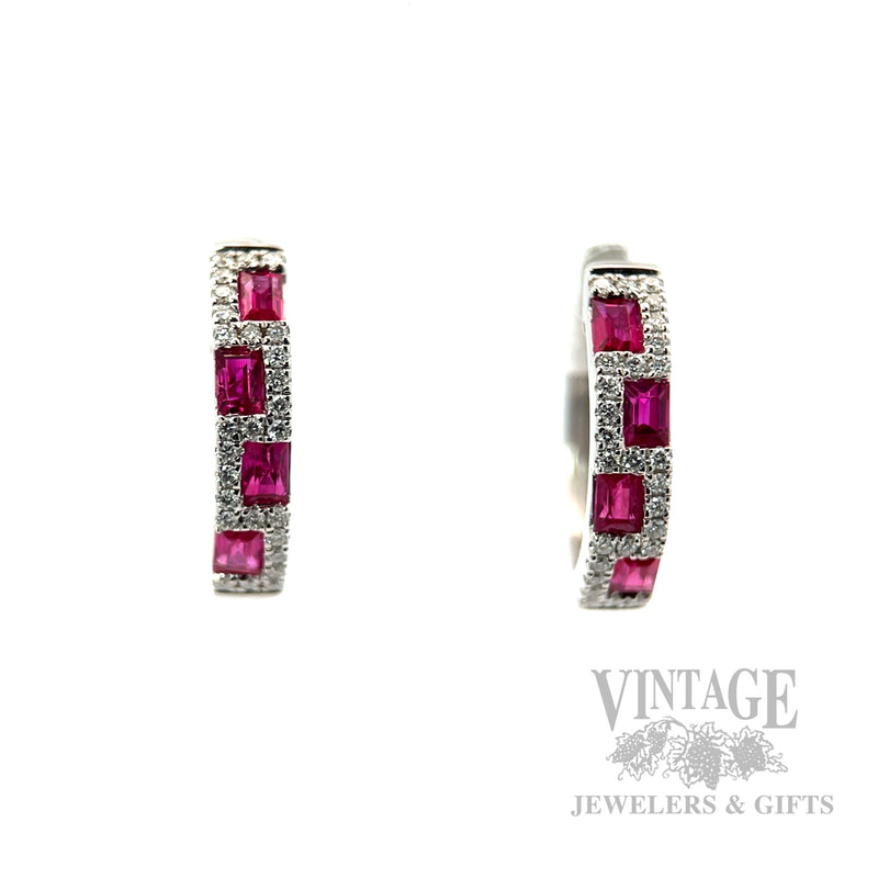 Checkerboard Ruby and Diamond 14k White Gold Hoop Earrings Front View