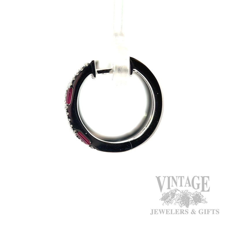 Checkerboard Ruby and Diamond 14k White Gold Hoop Earrings Side View