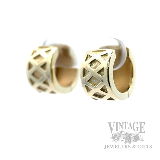 Debossed Dual Textured Huggie 14k Gold Earrings Perspective View