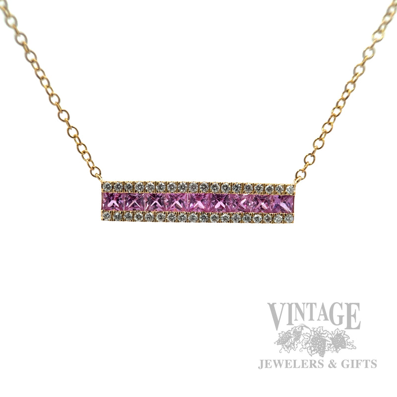 18" Pink Sapphire Diamond Accented Bar 14k Gold Necklace Front View