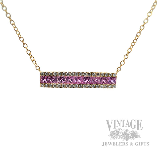 18" Pink Sapphire Diamond Accented Bar 14k Gold Necklace Front View