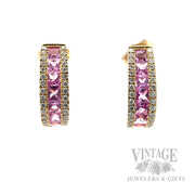 Pink Sapphire Diamond Accented 14k Gold J-Hoop Earrings Front View