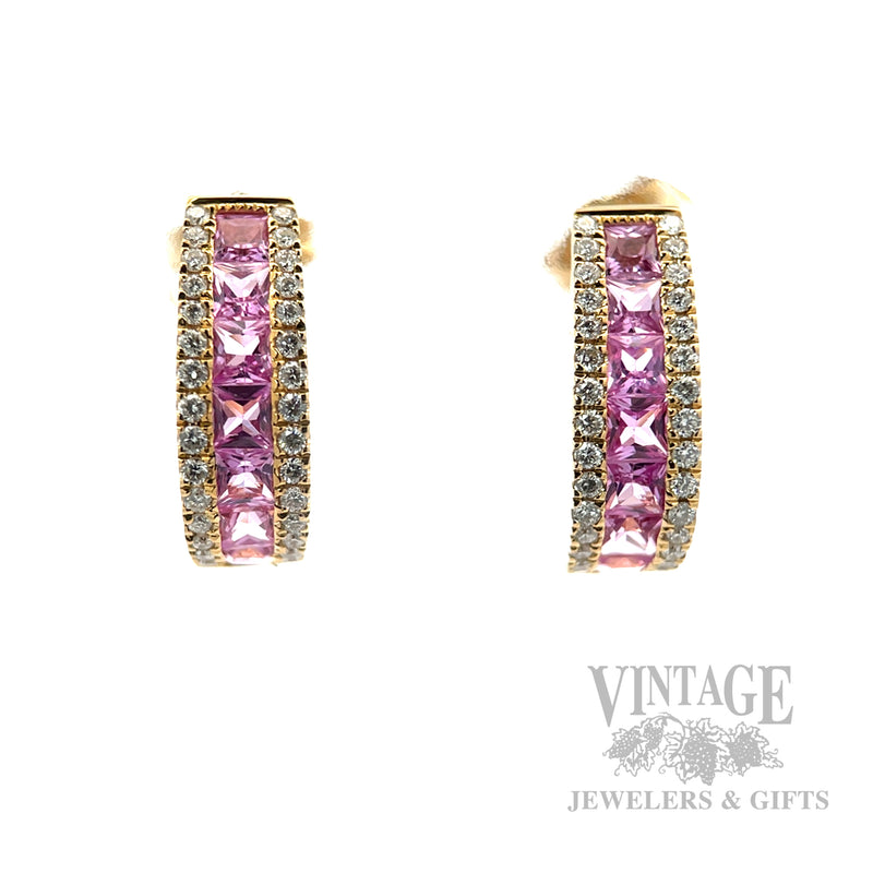 Pink Sapphire Diamond Accented 14k Gold J-Hoop Earrings Front View