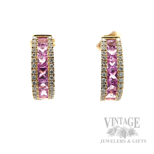 Pink Sapphire Diamond Accented 14k Gold J-Hoop Earrings Front View