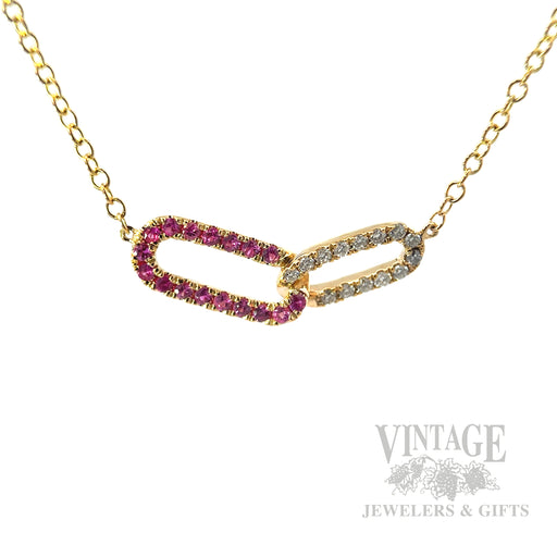 Linked Pink Sapphire and Diamond 14k Gold Necklace Front View