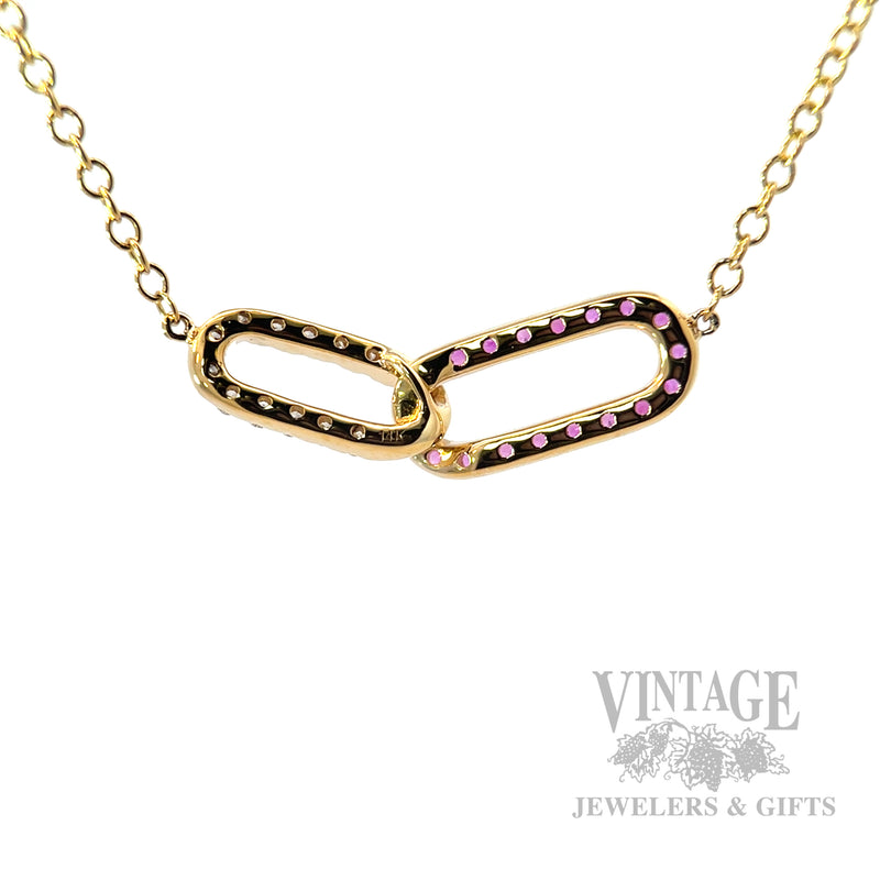 Linked Pink Sapphire and Diamond 14k Gold Necklace Back View