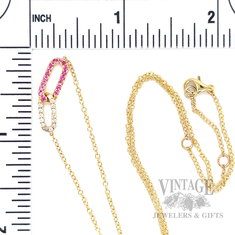 Linked Pink Sapphire and Diamond 14k Gold Necklace Scale View