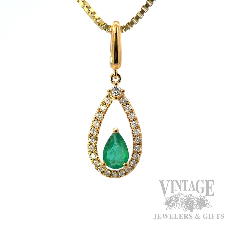 Sitting Emerald and Diamond Accented 14k Gold Pendant Front View