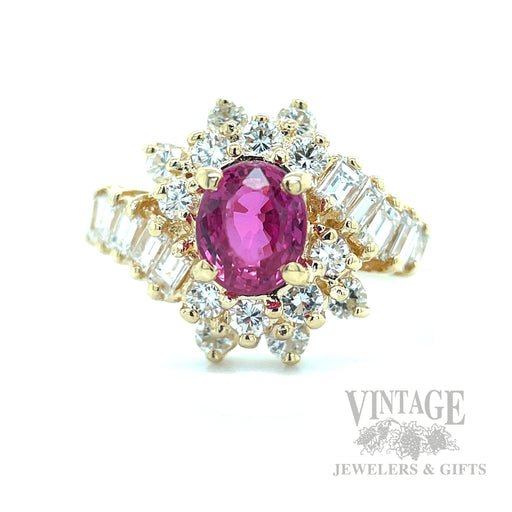 Bypass Halo Pink Sapphire and Diamond 14k Gold Ring Front View