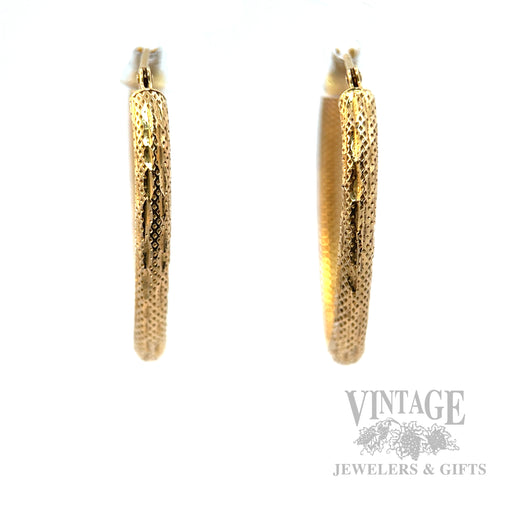 Stippled Diamond Cut Hoop 14k Gold Earrings Front View