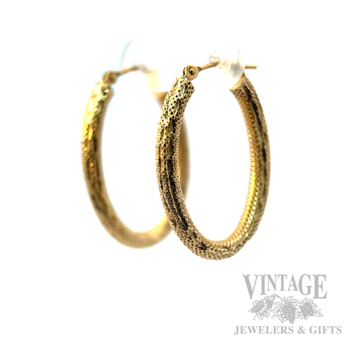 Stippled Diamond Cut Hoop 14k Gold Earrings Perspective View