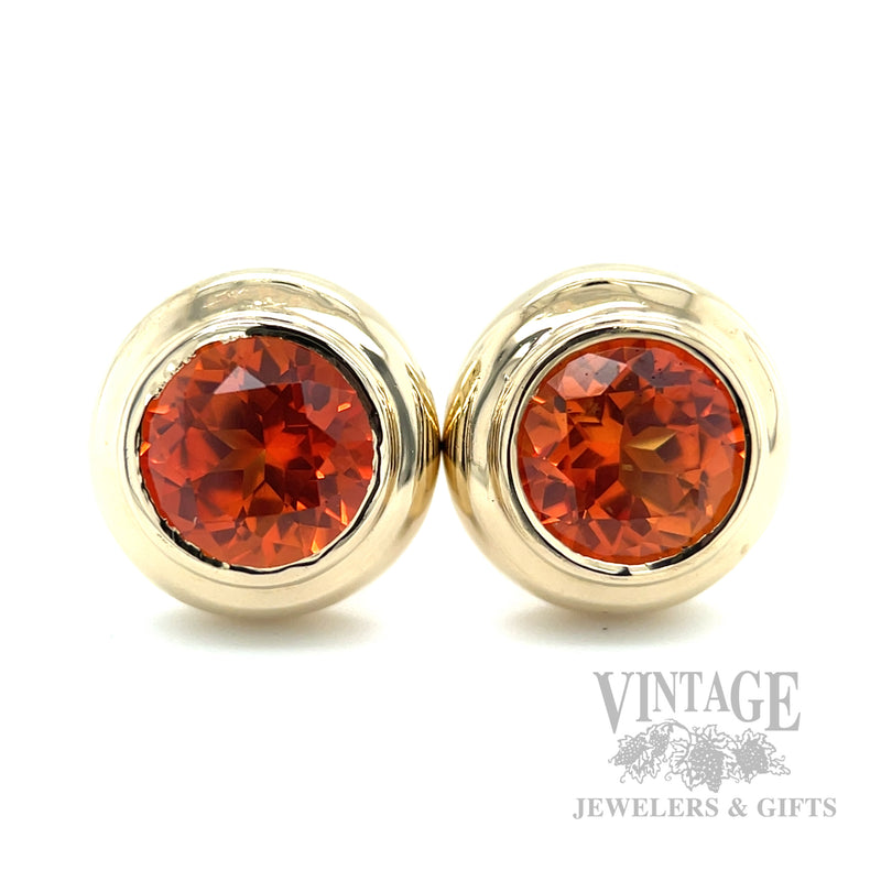 Bezeled Orange Sapphire 14k Gold Earrings Front View