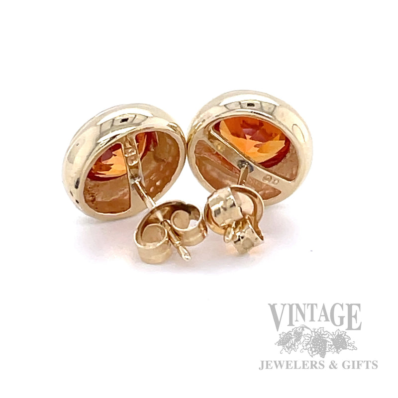 Bezeled Orange Sapphire 14k Gold Earrings Back View