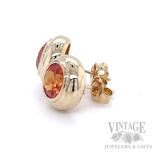 Bezeled Orange Sapphire 14k Gold Earrings Side View