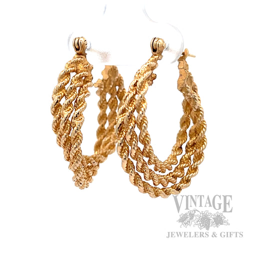 25 mm Twisted Triple Rope 14k Gold Hoop Earrings Perspective View
