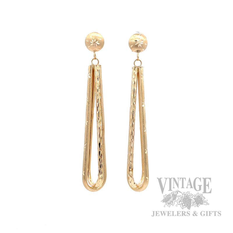 Elongated Teardrop 14k Gold Dangle Earrings Front View