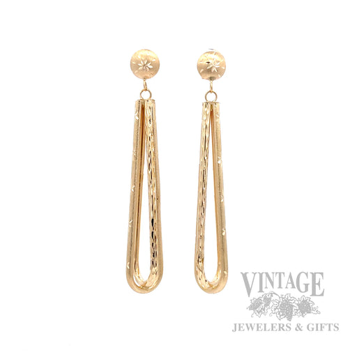 Elongated Teardrop 14k Gold Dangle Earrings Front View