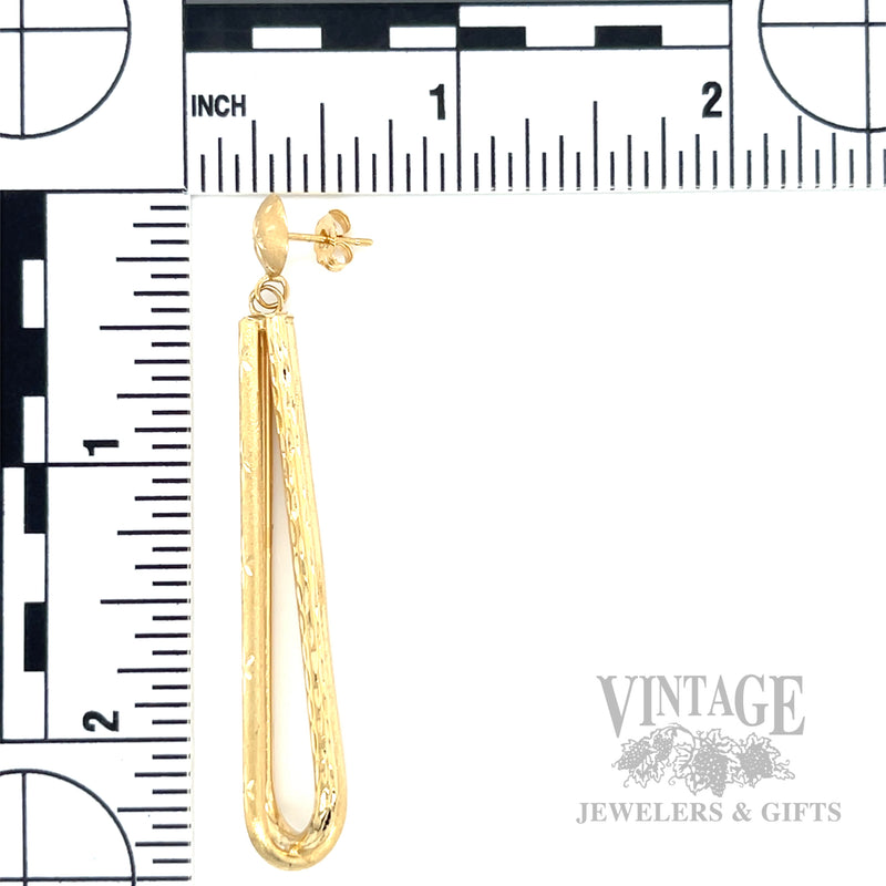 Elongated Teardrop 14k Gold Dangle Earrings Scale View