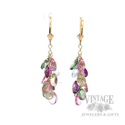 Multicolor Topaz Briolette 14K Yellow Gold Dangle Earrings Front View