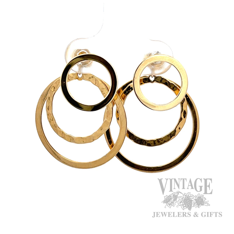 Triple Circle 14K Yellow Gold Drop Earrings Front View