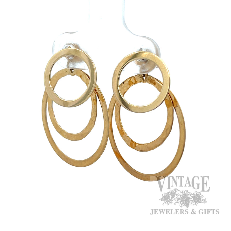 Triple Circle 14K Yellow Gold Drop Earrings Perspective View