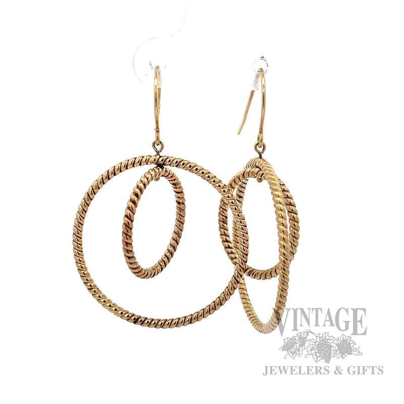 Triple Hoop Rope 14K Yellow Gold Dangle Earrings Front View