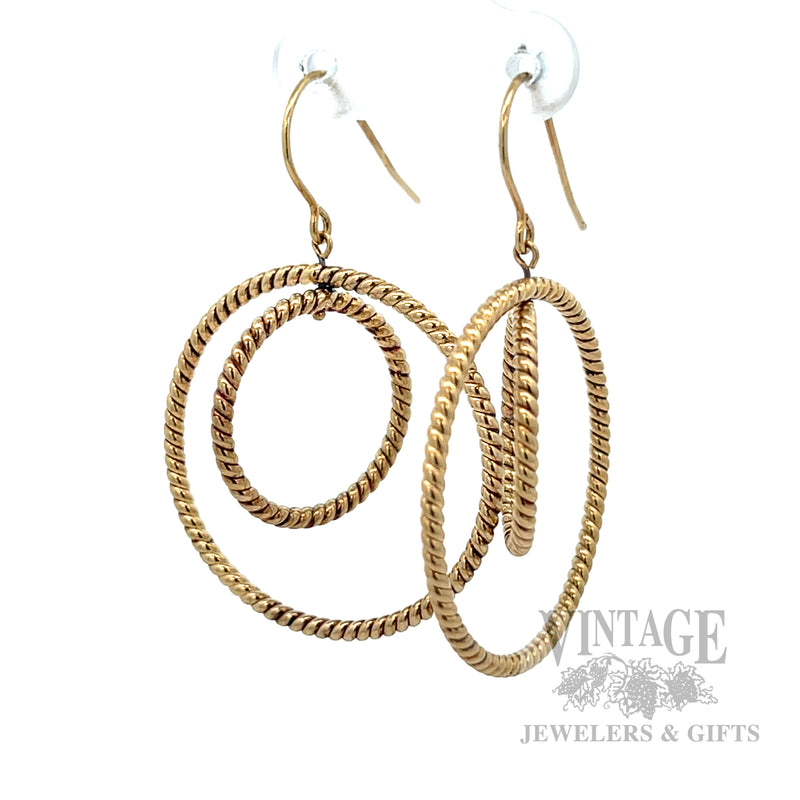 Triple Hoop Rope 14K Yellow Gold Dangle Earrings Perspective View