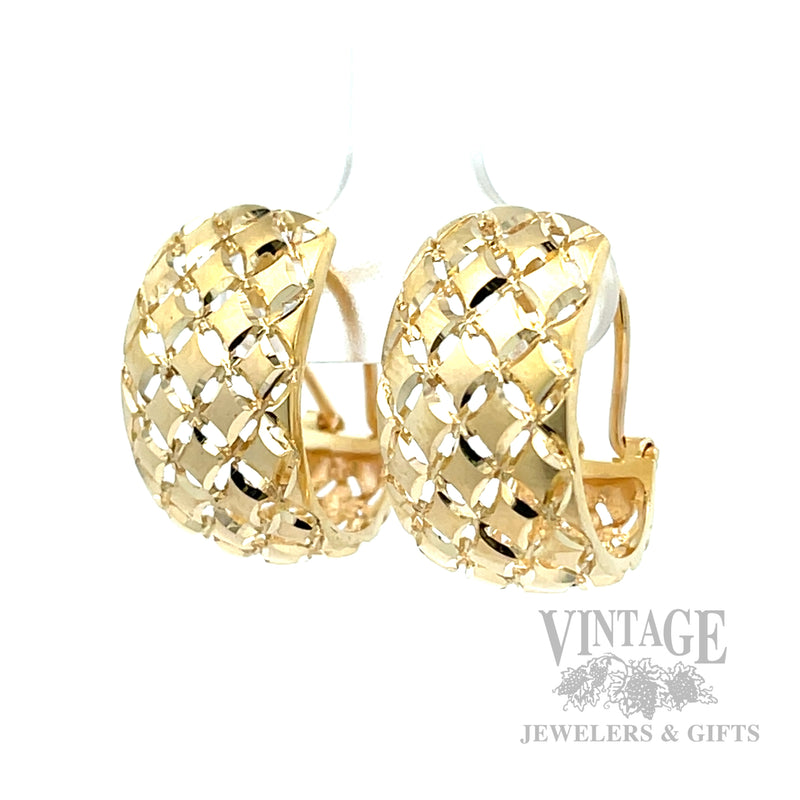 Openwork Lattice 14K Yellow Gold Hoop Earrings Perspective View