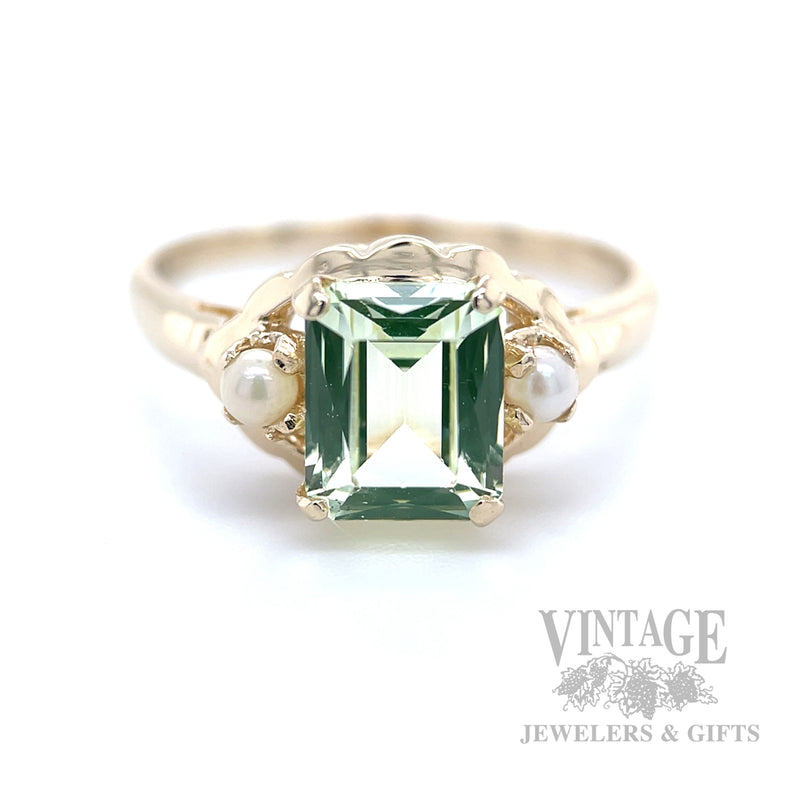 Uranium Glass and Seed Pearl 12k Gold Ring Front View
