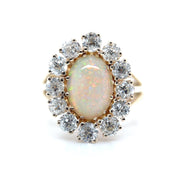 Hand Fabricated Opal and Old Mine Cut Diamond Halo 13k Gold Ring Front View