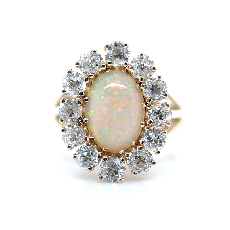 Hand Fabricated Opal and Old Mine Cut Diamond Halo 13k Gold Ring Front View