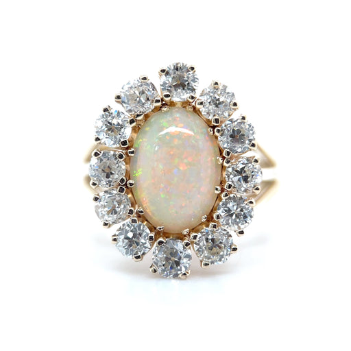 Hand Fabricated Opal and Old Mine Cut Diamond Halo 13k Gold Ring Front View