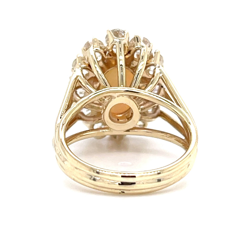 Hand Fabricated Opal and Old Mine Cut Diamond Halo 13k Gold Ring Back/Interior View
