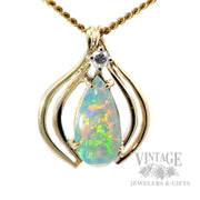 Teardrop Blue Opal and Diamond Accented 14k Gold Pendant Front View White Background