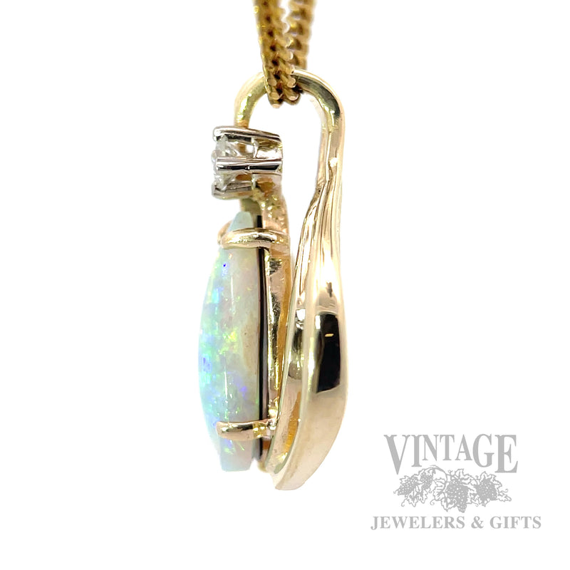 Teardrop Blue Opal and Diamond Accented 14k Gold Pendant White Background Side View