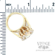 Hand Fabricated Opal and Old Mine Cut Diamond Halo 13k Gold Ring Scale View