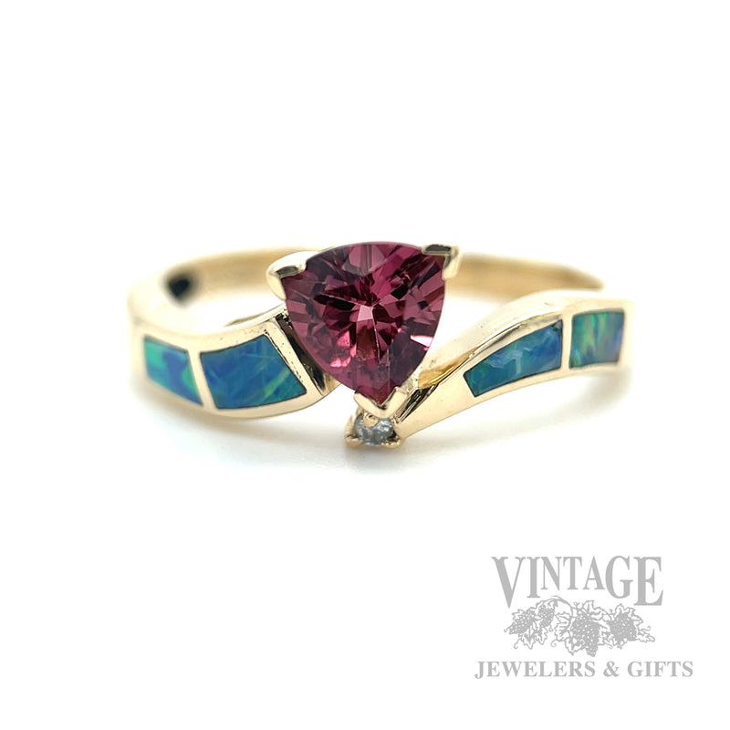 Bypass Pink Tourmaline and Opal Inlay 14k Gold Ring Front View (White Background)
