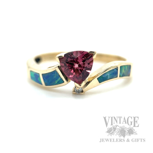 Bypass Pink Tourmaline and Opal Inlay 14k Gold Ring Front View (White Background)